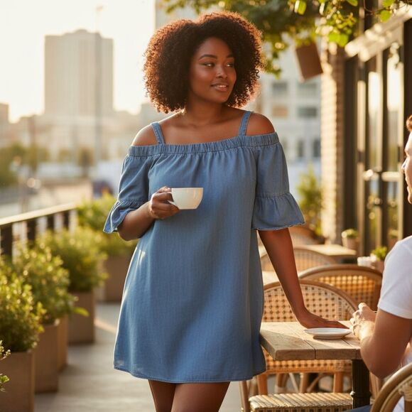 Westport Off the Shoulder Dress Chambray Ruffle Bell Sleeve Denim 14 - Picture 1 of 8